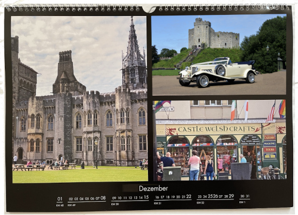 Calender Dezember mit Oldtimer cabrio in Cardiff castle